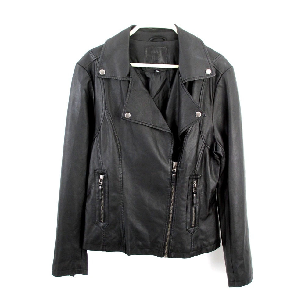 MAX STUDIO Biker Jacket Womens Large Black Faux Leather Punk Gothic Moto Coat
